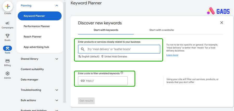 setup google keyword planner